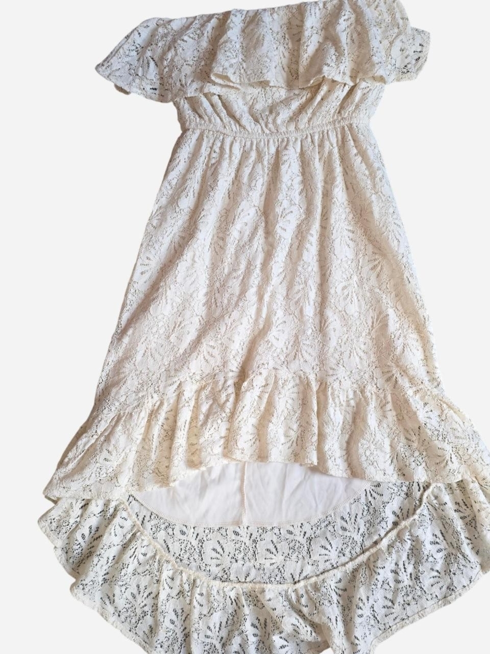 Full Tilt Cream Off-Shoulder Lace High-Low Dress